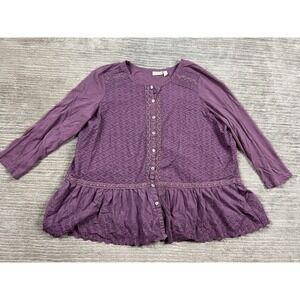 Logo Lavish Top Womens XL Purple Boho Button up Long Sleeve Cotton Blend Peplum